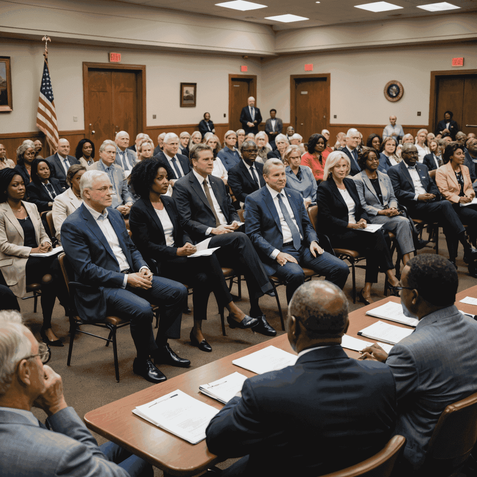 A town hall meeting with diverse citizens engaging in discussion with local politicians