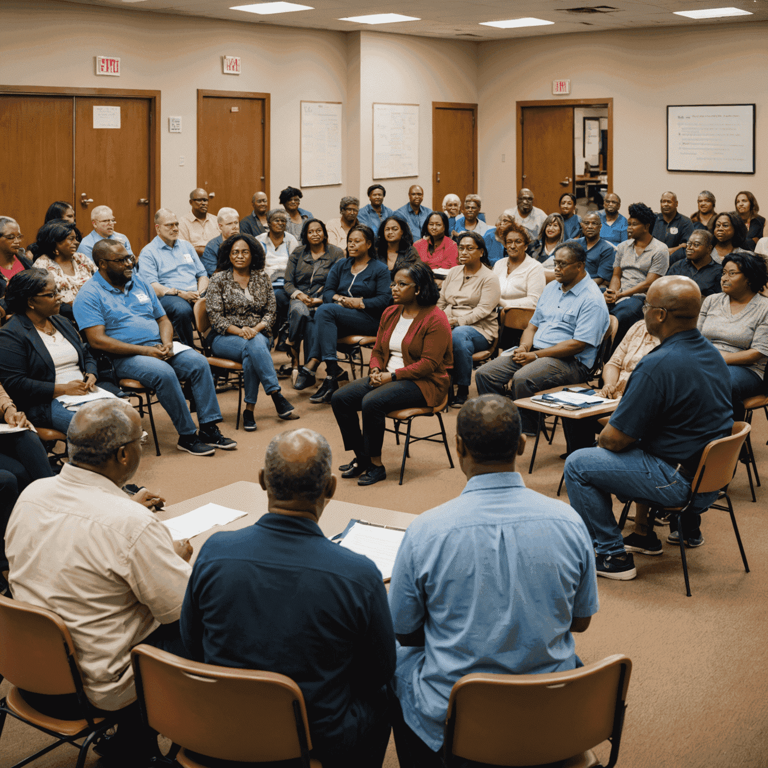 A town hall meeting with diverse community members discussing local issues, symbolizing involvement in local politics