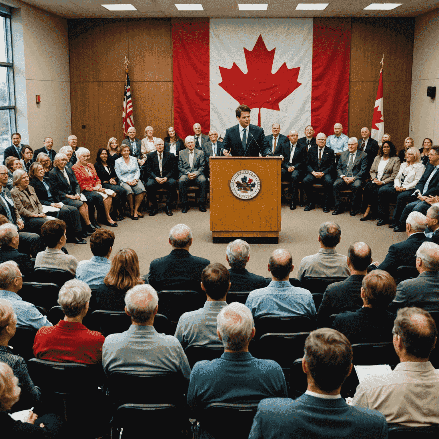 A diverse group of people attending a town hall meeting, with a speaker at a podium addressing the audience. The room has a Canadian flag prominently displayed.