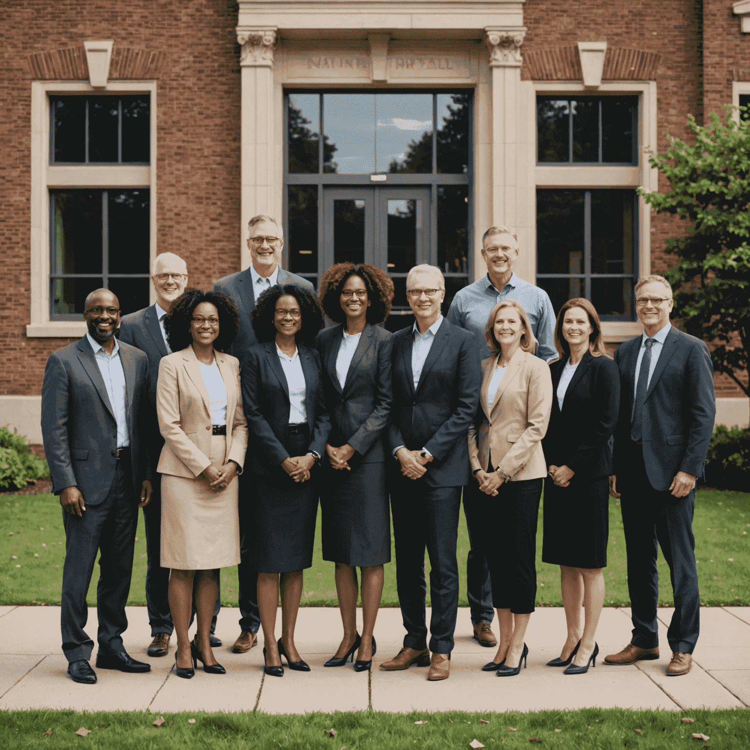 A diverse group of people standing in front of a school building, representing candidates for school board trustee positions