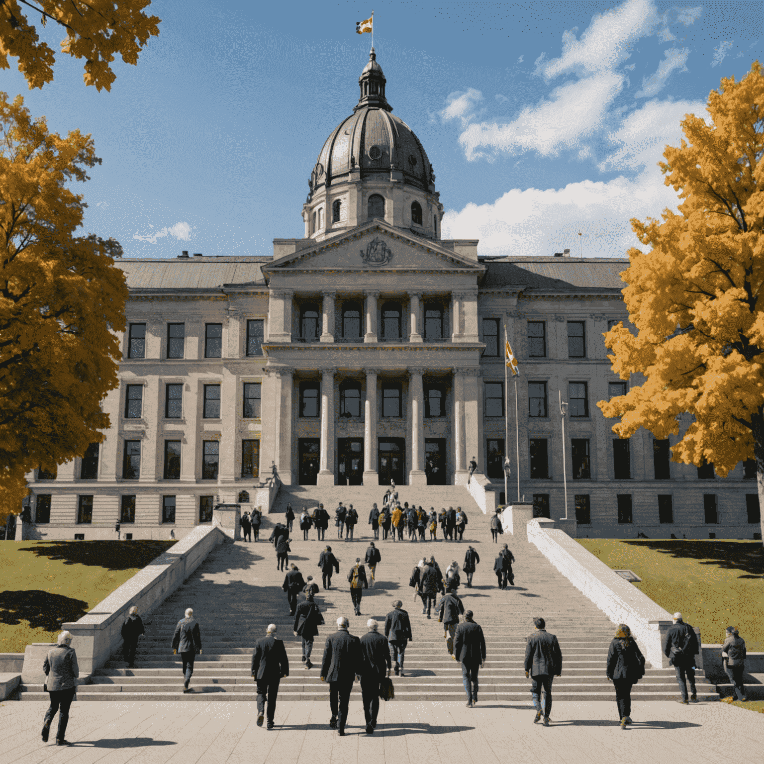 A provincial parliament building with people walking up the steps, symbolizing the journey into provincial politics