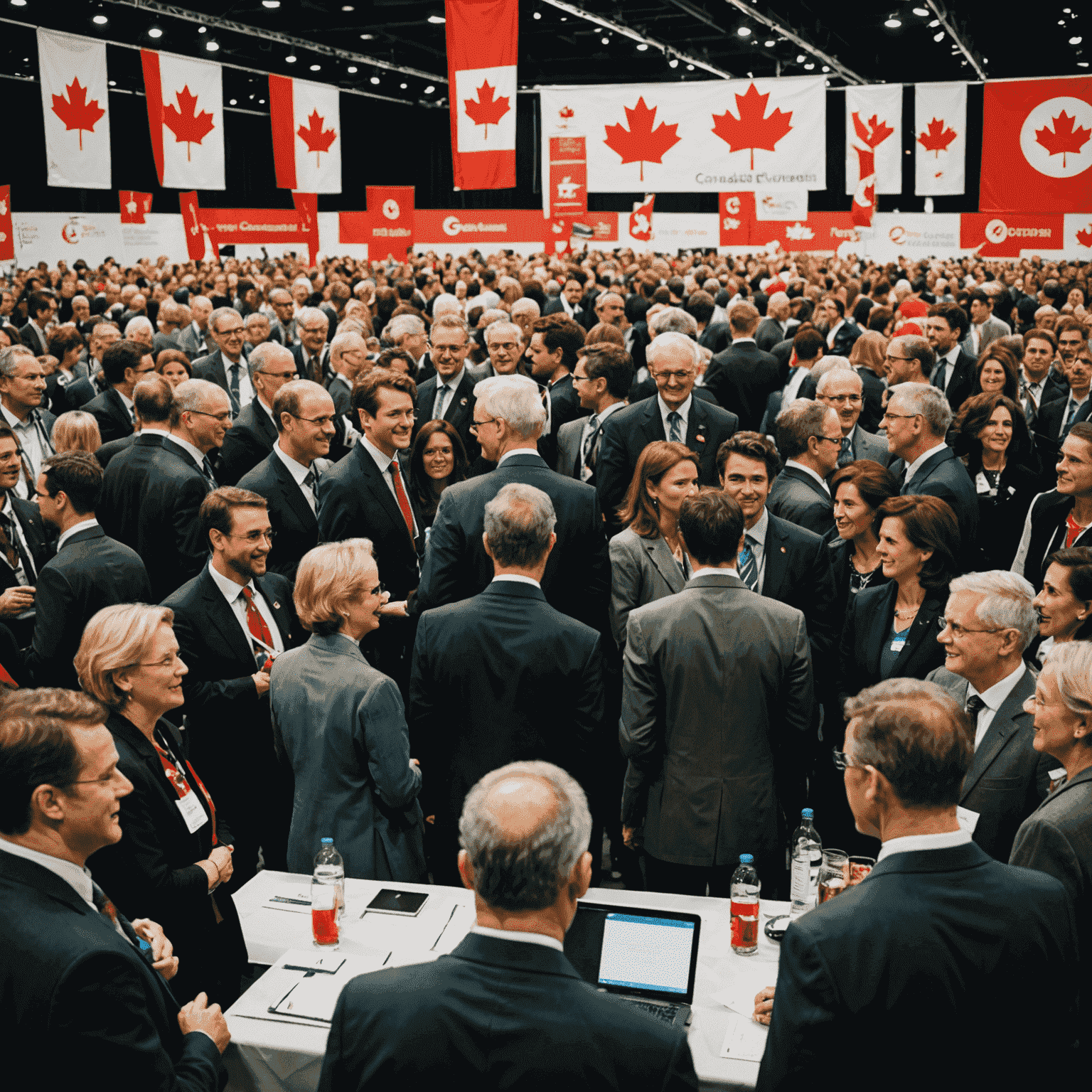 A diverse group of people networking at a Canadian political convention, with party banners and Canadian flags visible in the background