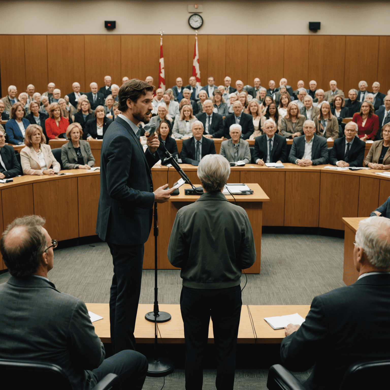 A person standing at a microphone during a town hall meeting, expressing their views to attentive council members and fellow citizens. The setting shows a typical Canadian municipal council chamber.