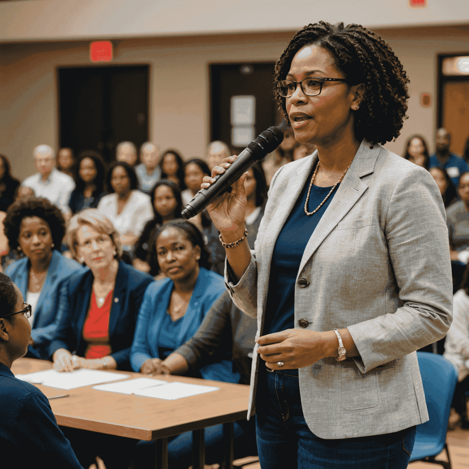 A candidate speaking at a community event, engaging with parents and educators about school board issues