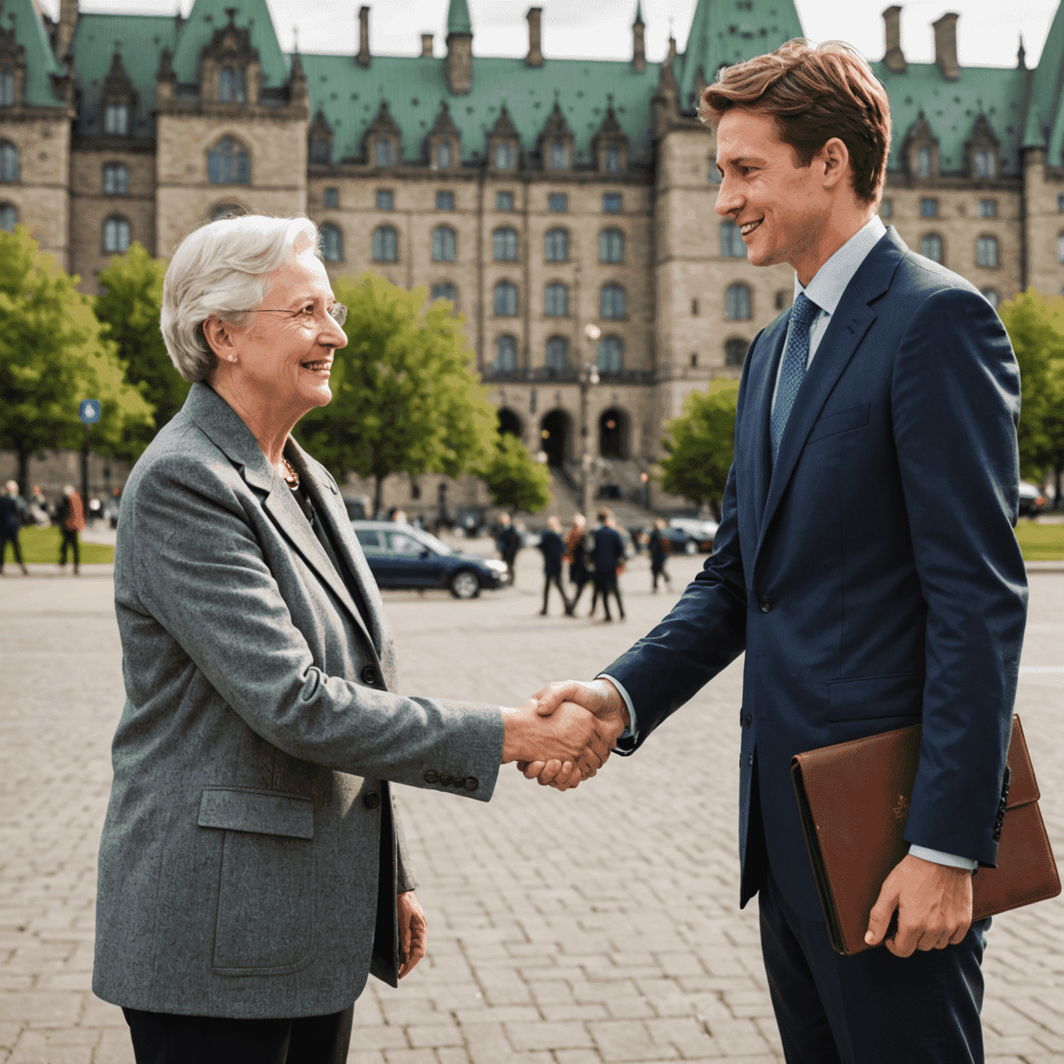 A young aspiring politician shaking hands with a senior Canadian politician in front of the Parliament Buildings in Ottawa