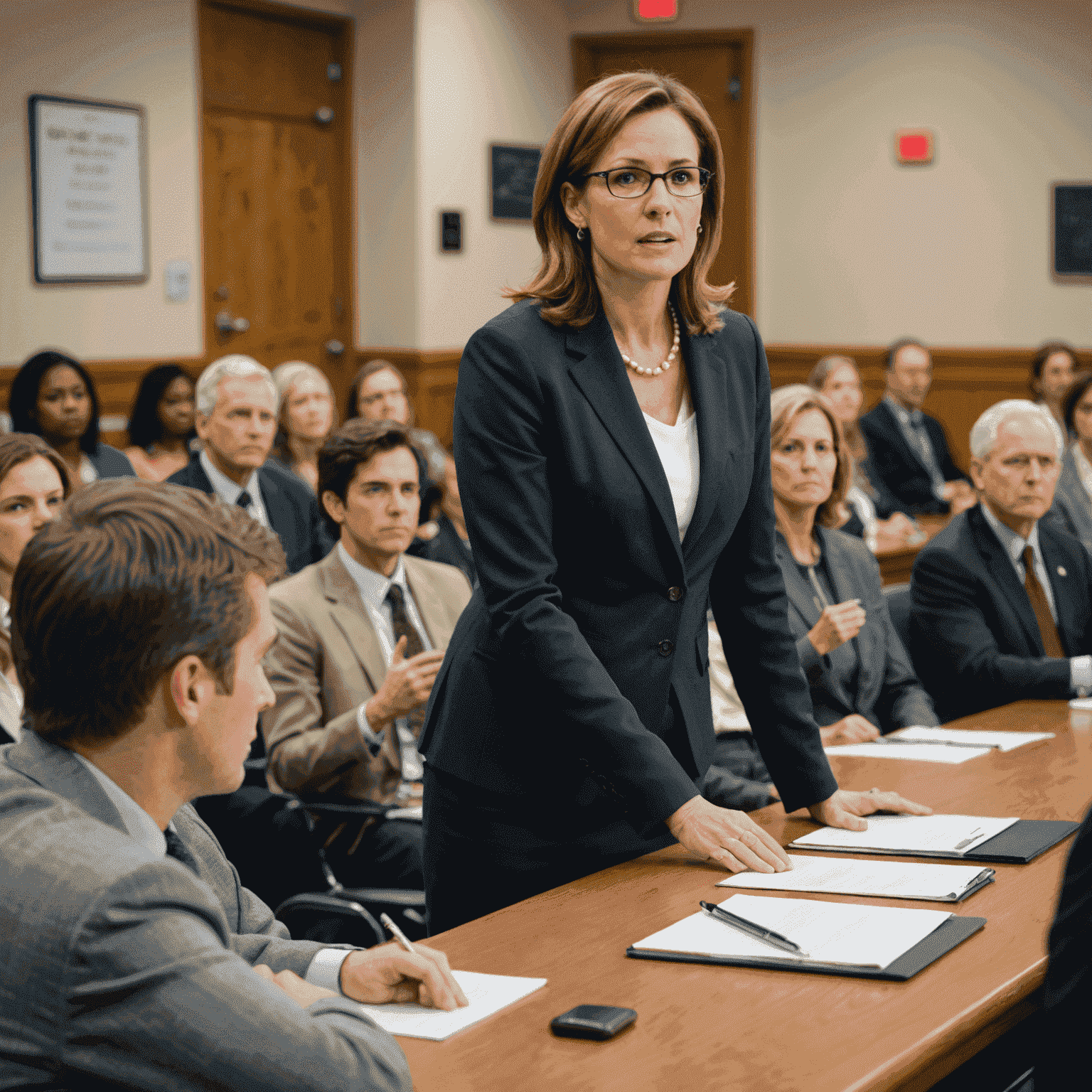 A candidate speaking at a school board meeting with attentive listeners