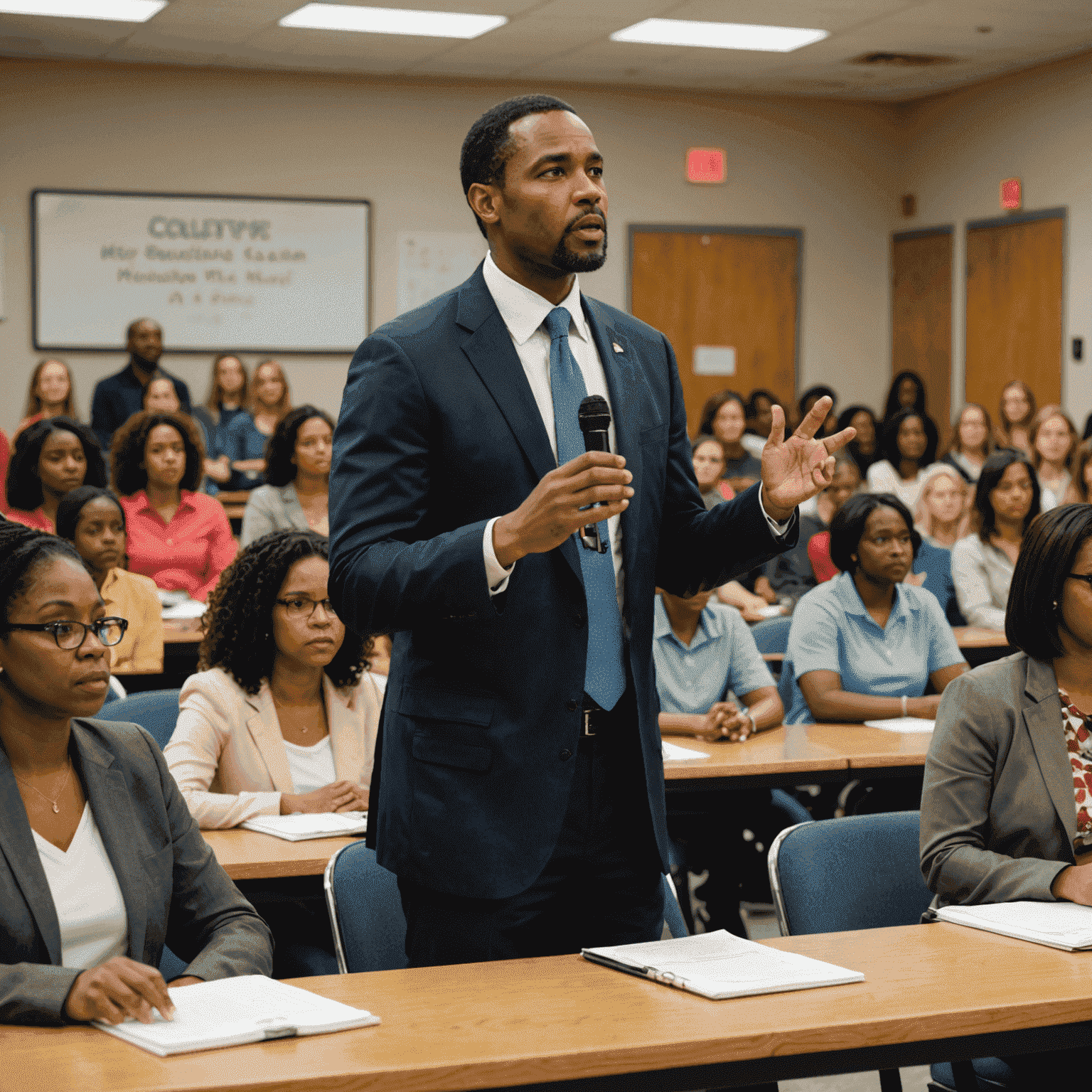 A candidate speaking at a school board meeting, with attentive parents and educators listening