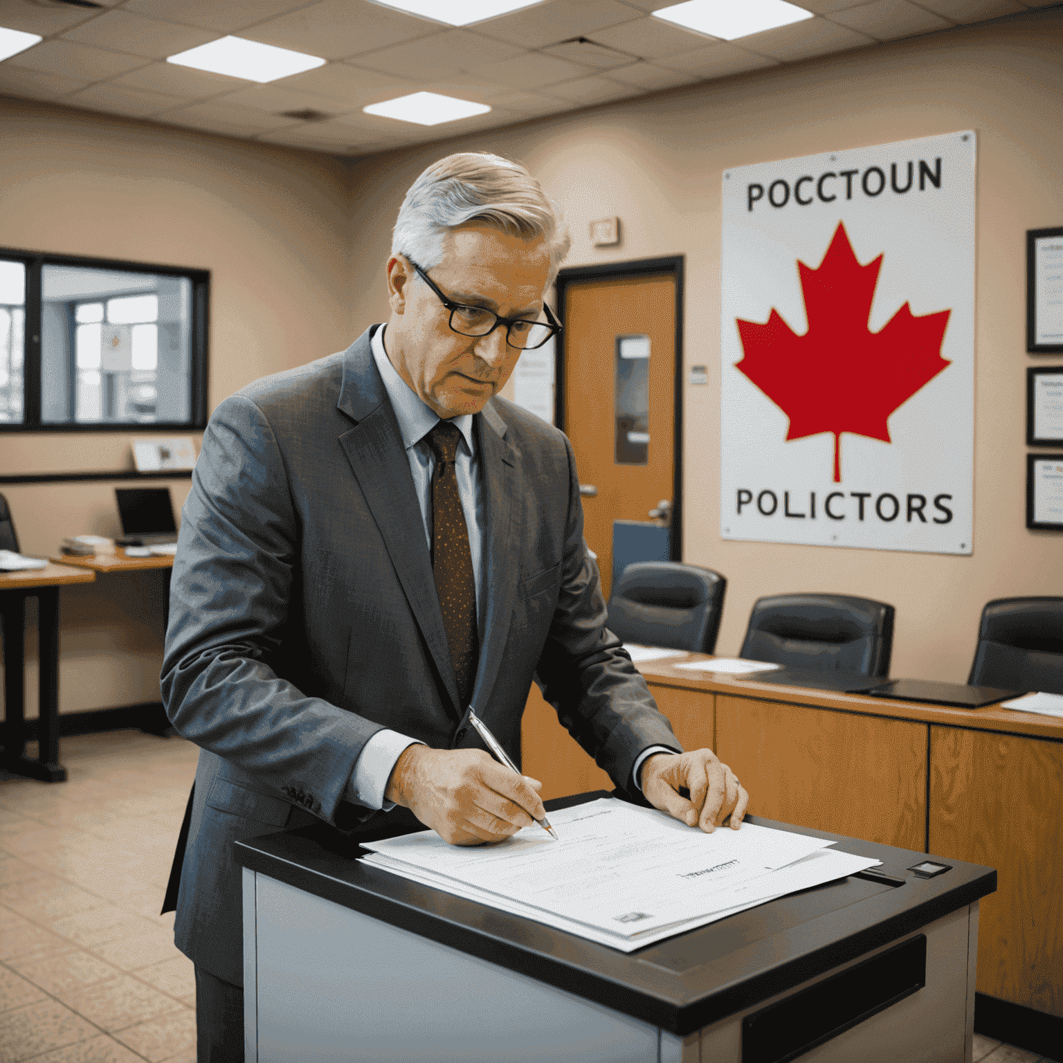 A confident individual filing nomination papers at a municipal elections office, symbolizing the act of officially entering local politics. The scene includes Canadian electoral signage and forms.