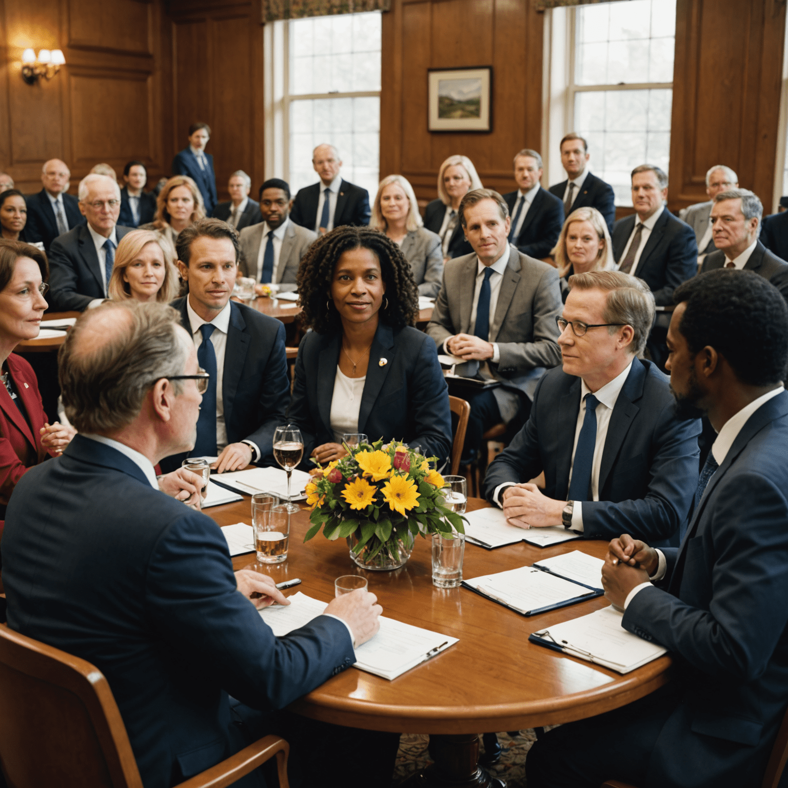 A diverse group of people at a provincial party meeting, discussing policy and strategy