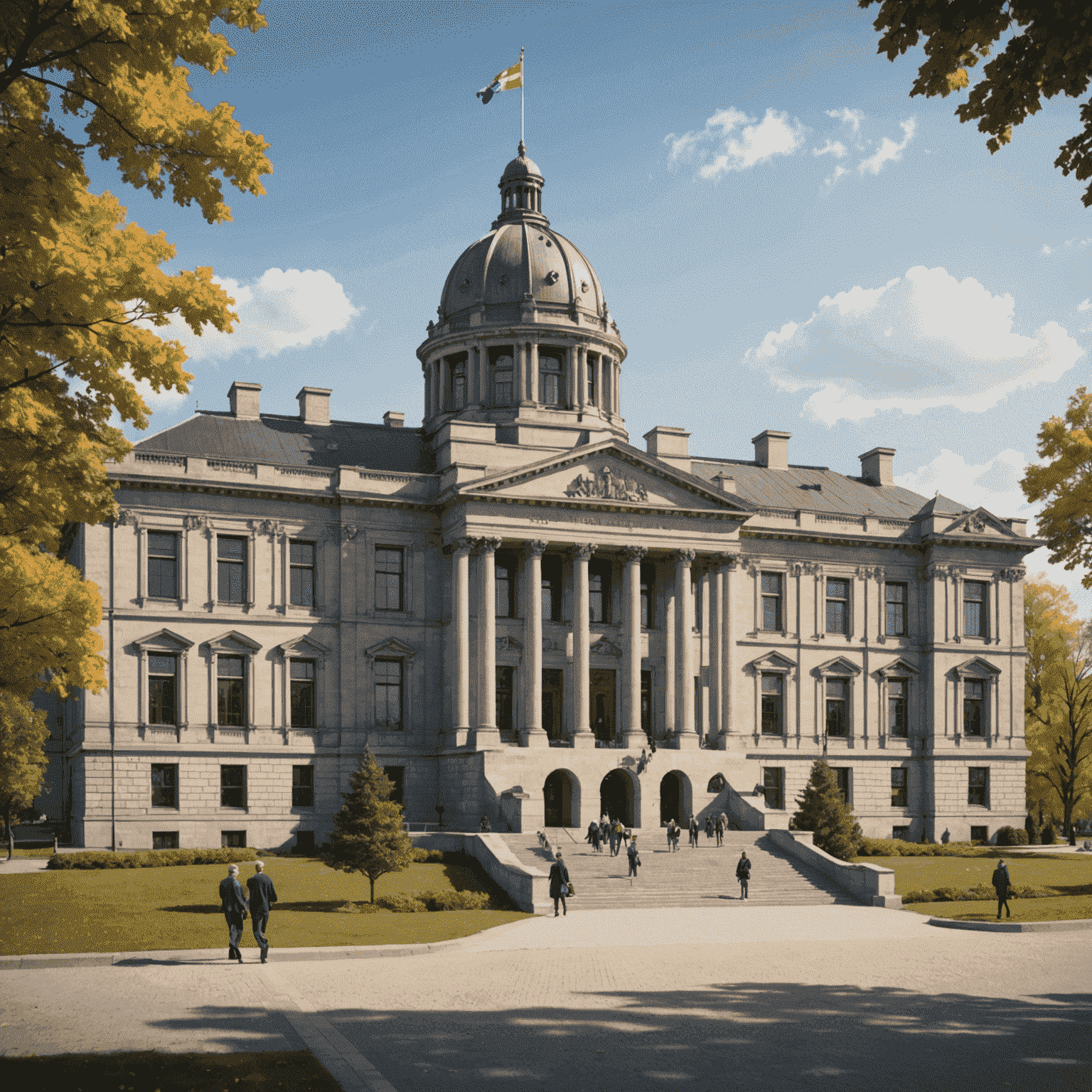 A provincial legislature building with politicians entering, symbolizing the transition to higher levels of government