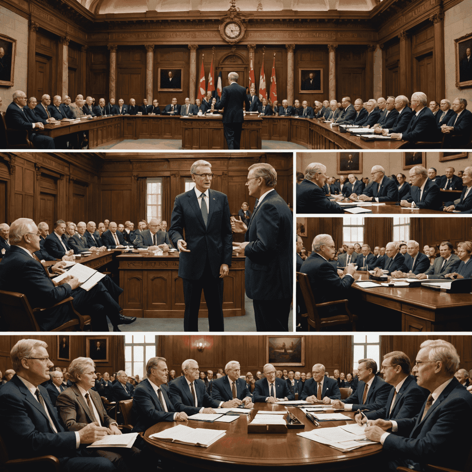 A collage showing various aspects of provincial political life: debating in the legislature, meeting with constituents, and campaigning